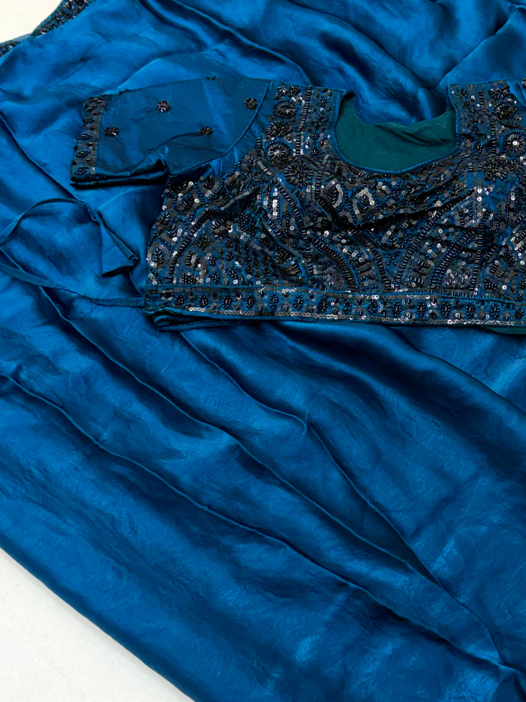 Peachmode BLUE Satin Saree With Embroidered Stitched Blouse - Image 3