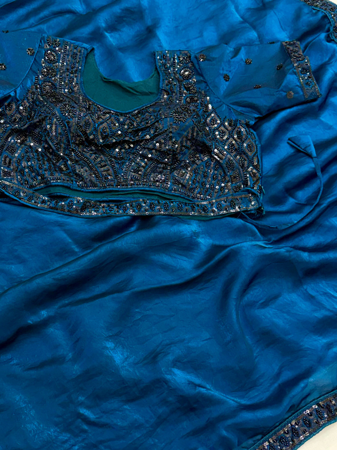 Peachmode BLUE Satin Saree With Embroidered Stitched Blouse - Image 4