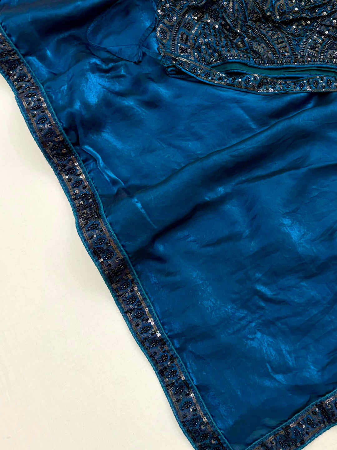 Peachmode BLUE Satin Saree With Embroidered Stitched Blouse - Image 6