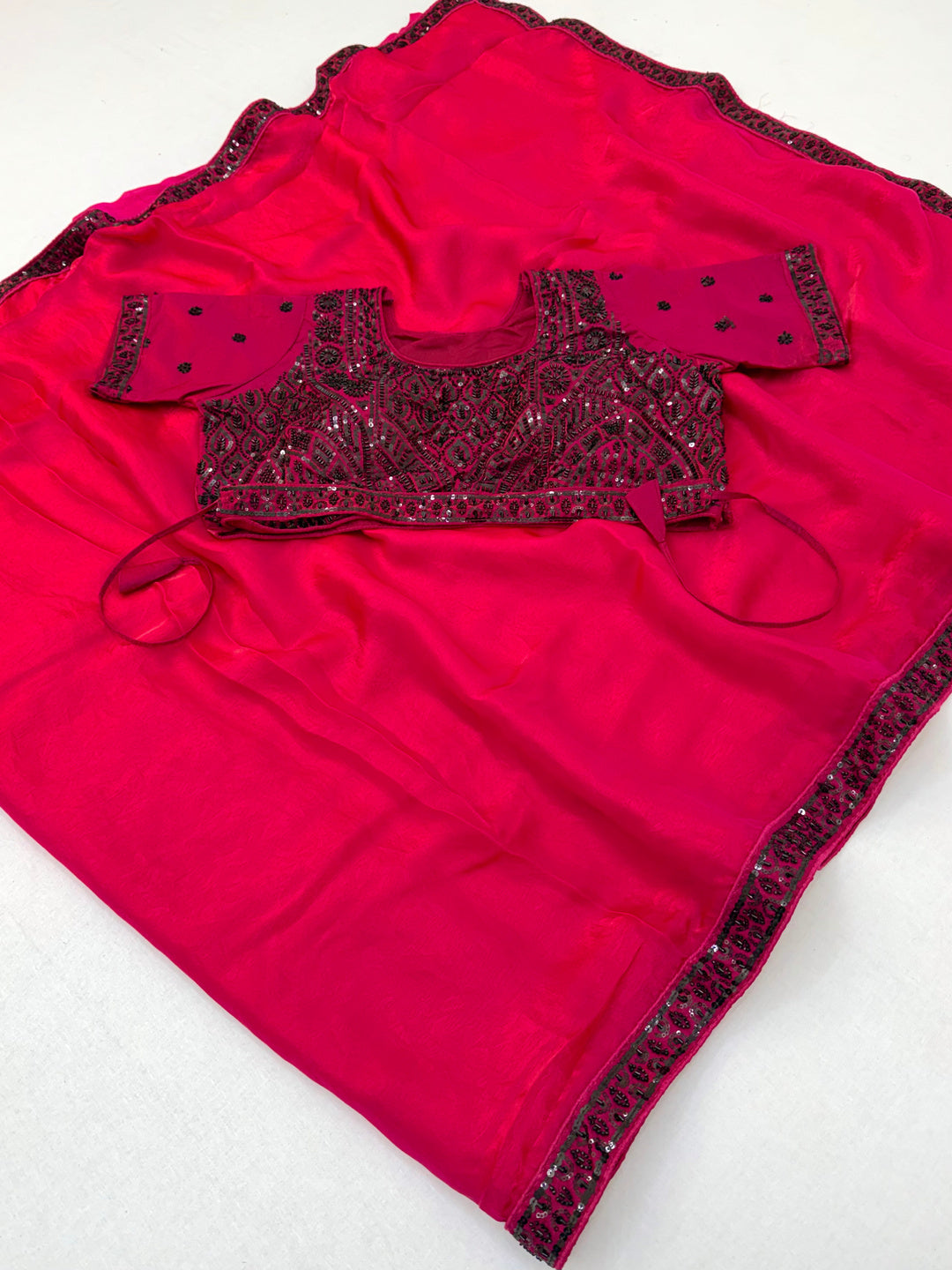 Peachmode PINK Satin Saree With Embroidered Stitched Blouse - Image 1
