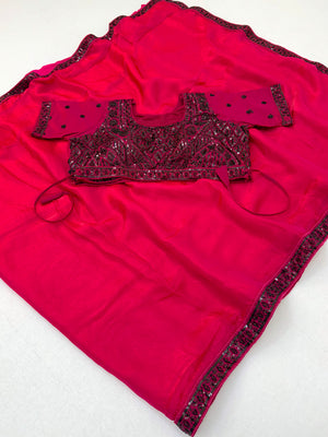Peachmode PINK Satin Saree With Embroidered Stitched Blouse - Image 1
