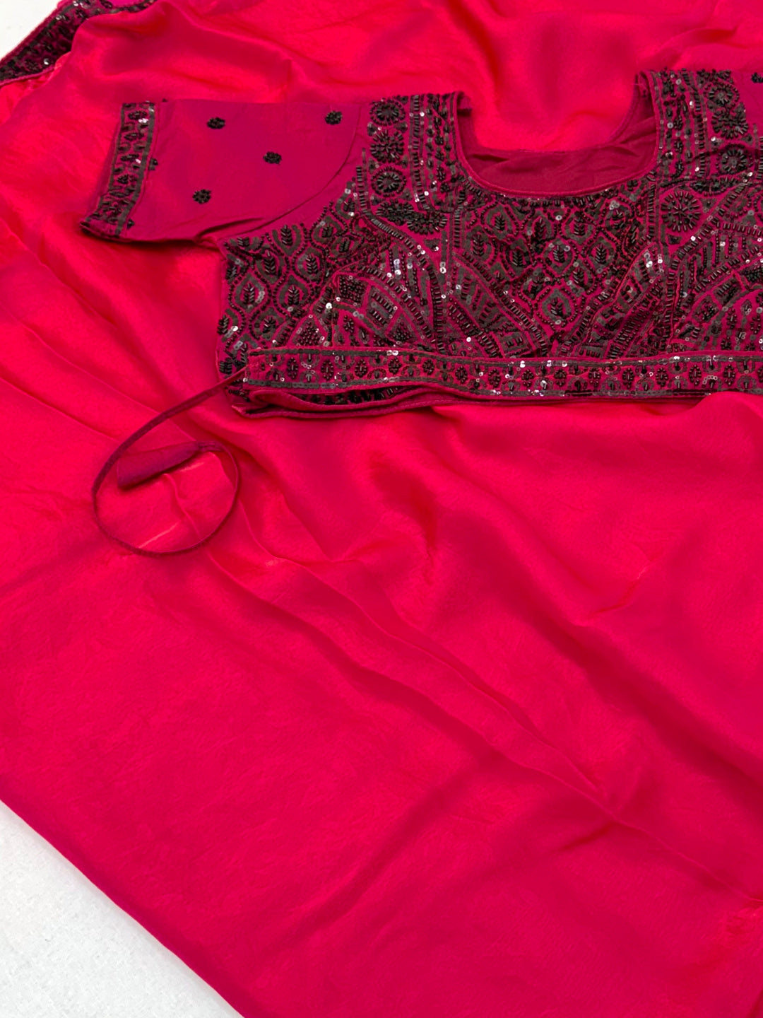 Peachmode PINK Satin Saree With Embroidered Stitched Blouse - Image 3