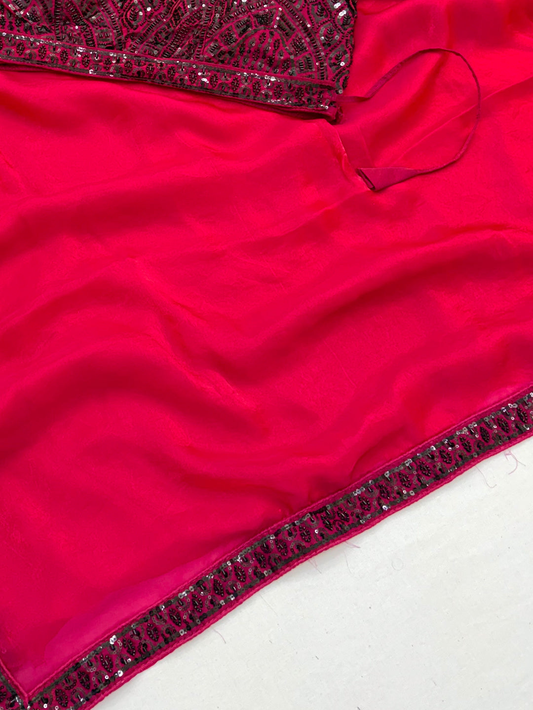 Peachmode PINK Satin Saree With Embroidered Stitched Blouse - Image 6