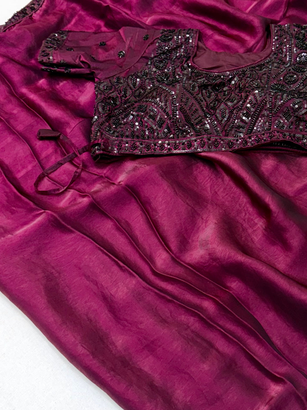 Peachmode MAGENTA Satin Saree With Embroidered Stitched Blouse - Image 4
