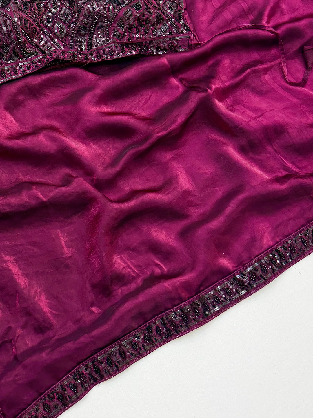 Peachmode MAGENTA Satin Saree With Embroidered Stitched Blouse - Image 5