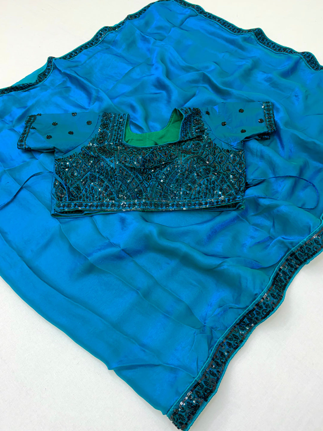Peachmode TURQUOISE Satin Saree With Embroidered Stitched Blouse - Image 1