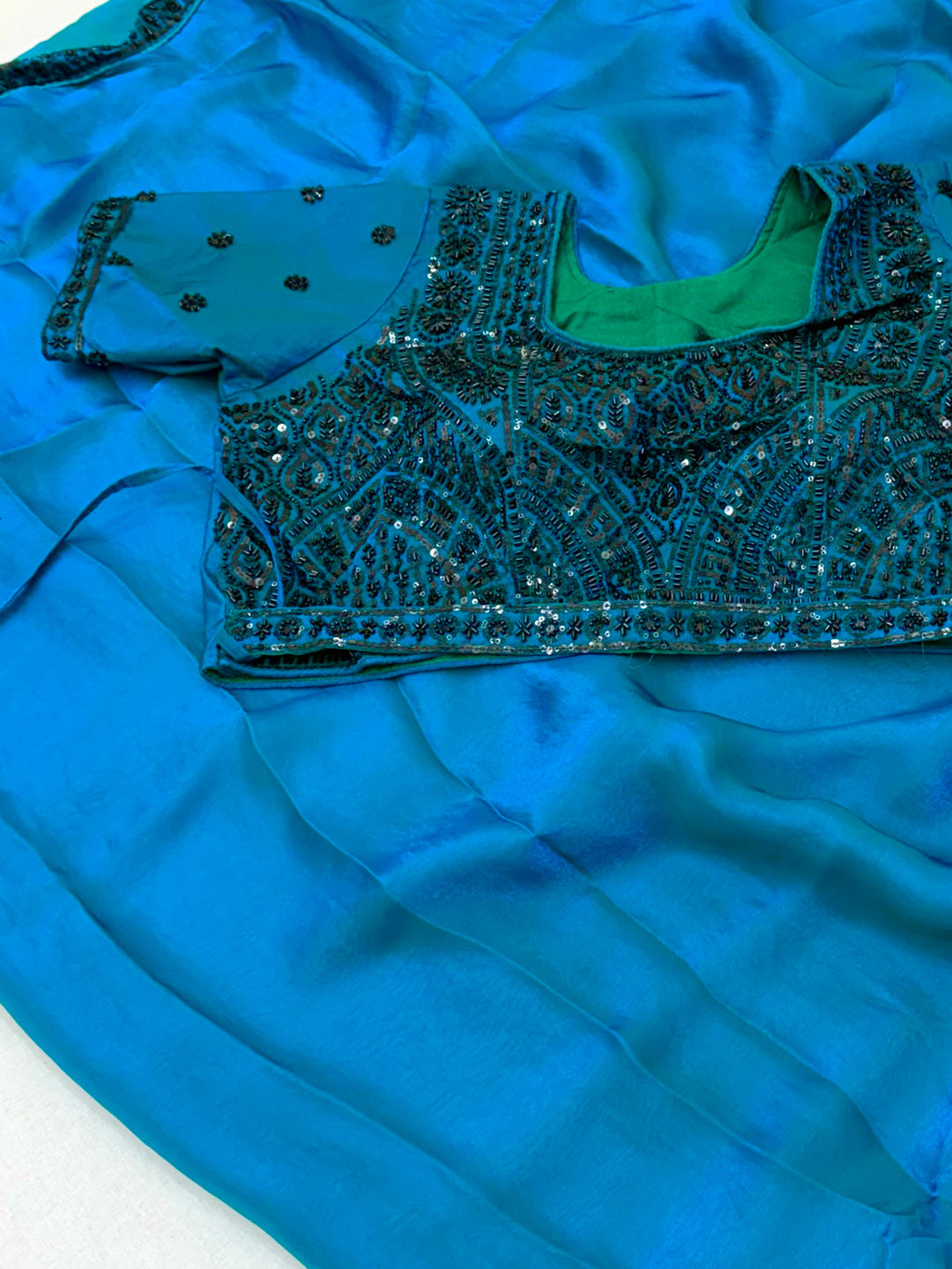 Peachmode TURQUOISE Satin Saree With Embroidered Stitched Blouse - Image 3