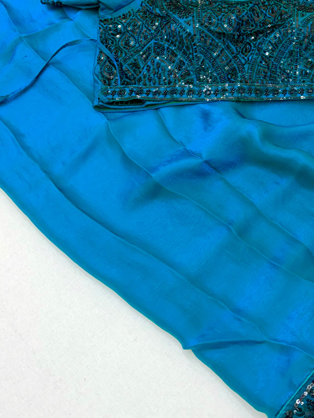Peachmode TURQUOISE Satin Saree With Embroidered Stitched Blouse - Image 5