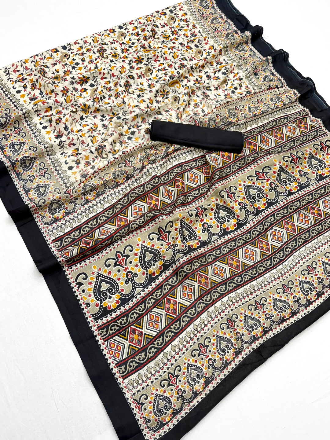Peachmode Cream Black Art Silk Printed Saree - Image 1