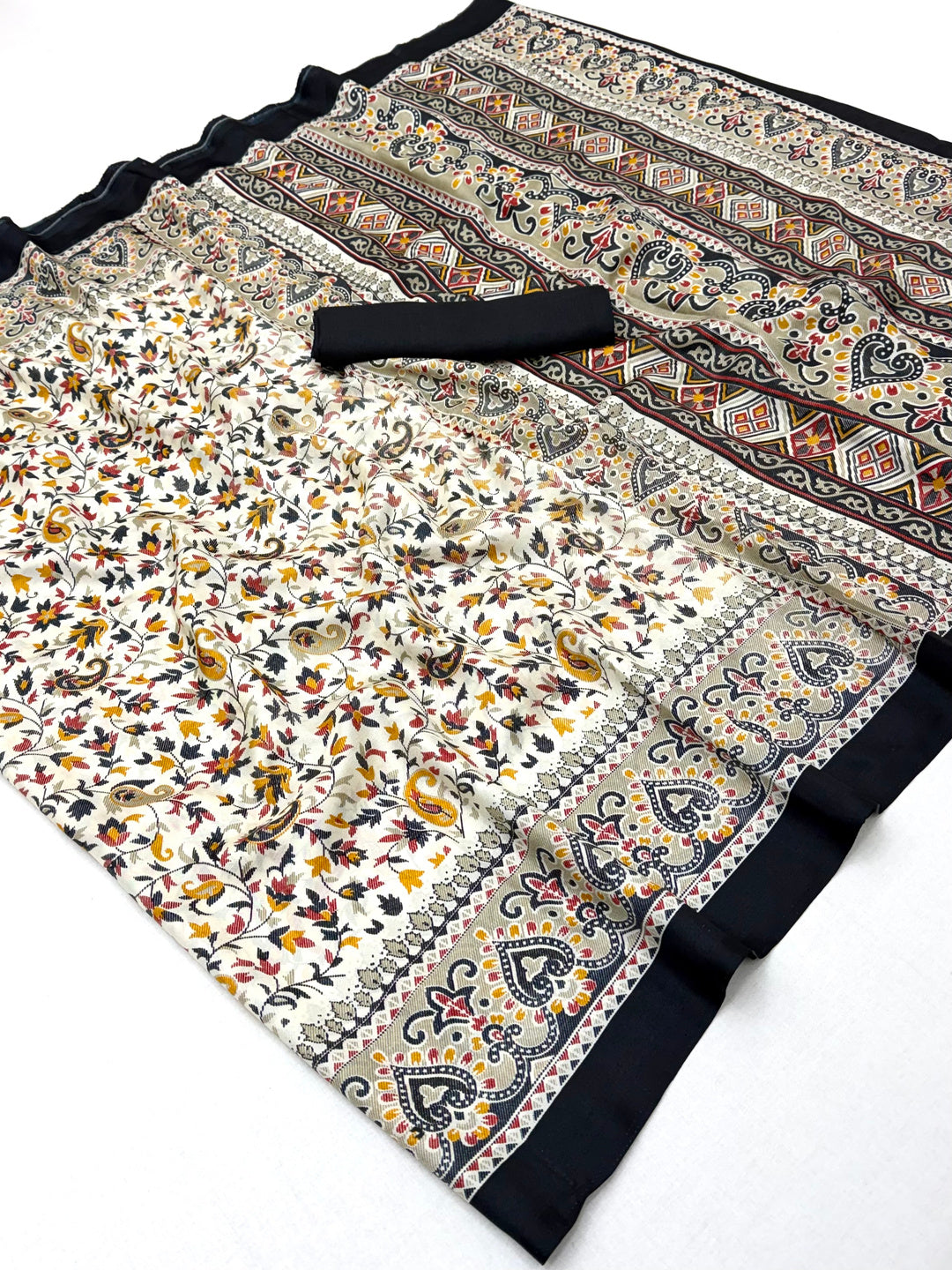 Peachmode Cream Black Art Silk Printed Saree - Image 2
