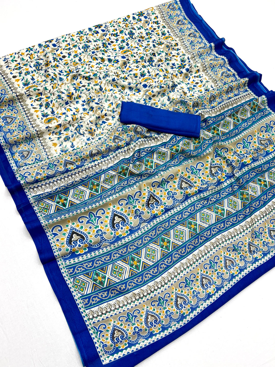 Peachmode Cream Blue Art Silk Printed Saree - Image 2