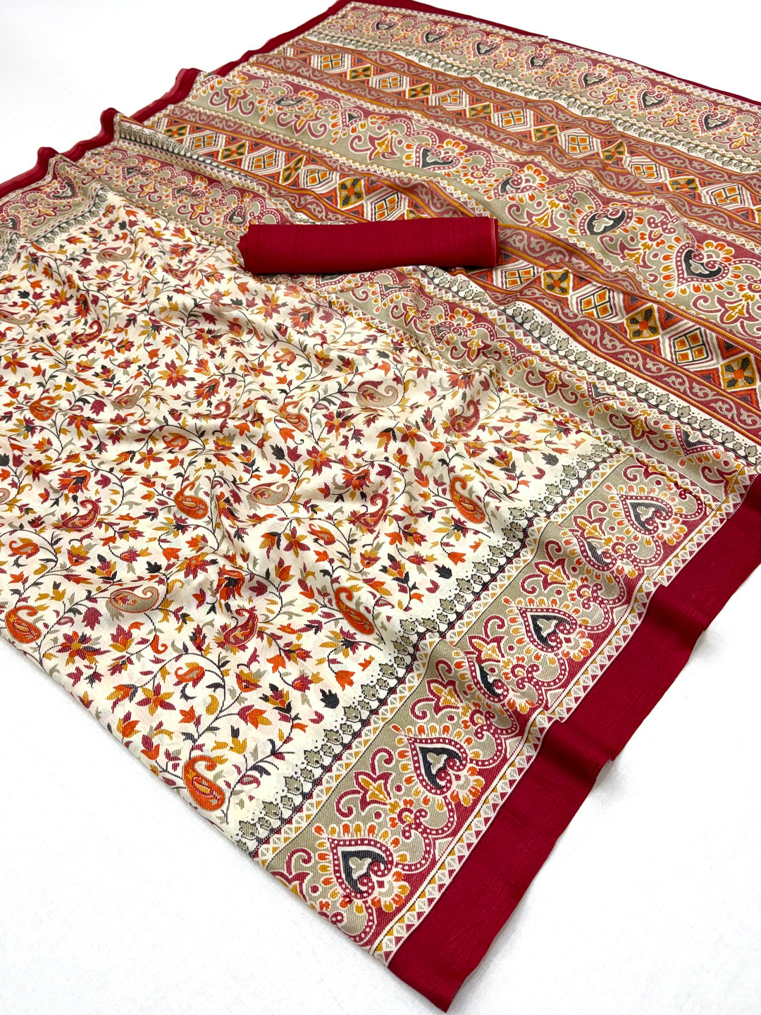 Peachmode Cream Maroon Art Silk Printed Saree - Image 2