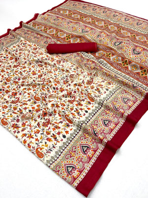 Peachmode Cream Maroon Art Silk Printed Saree - Image 2