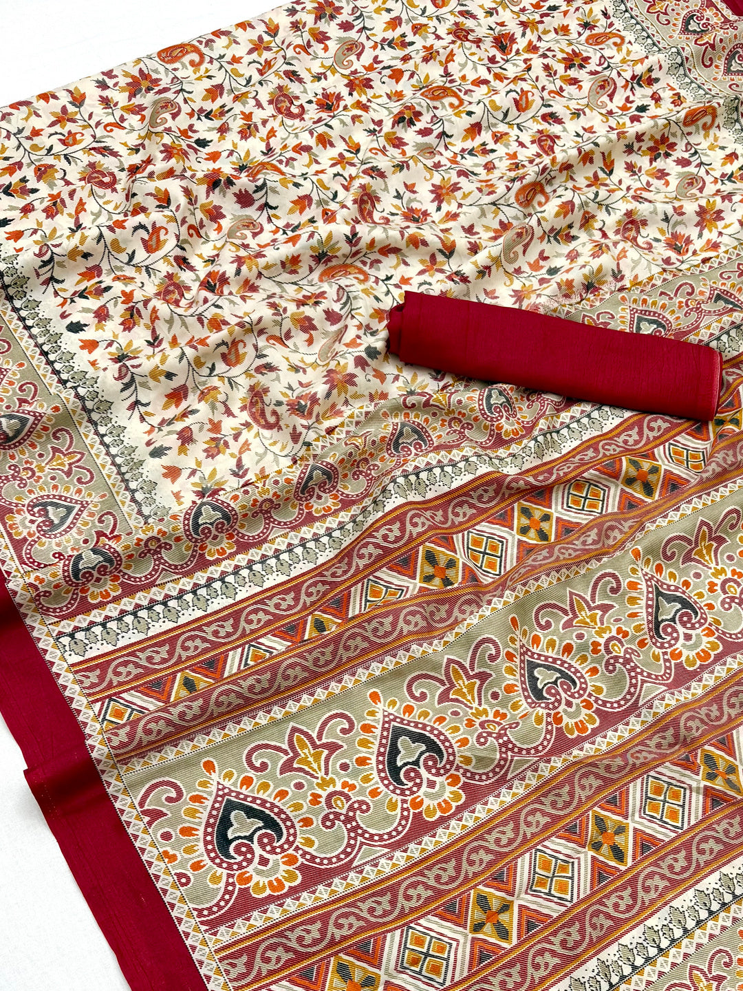 Peachmode Cream Maroon Art Silk Printed Saree - Image 3