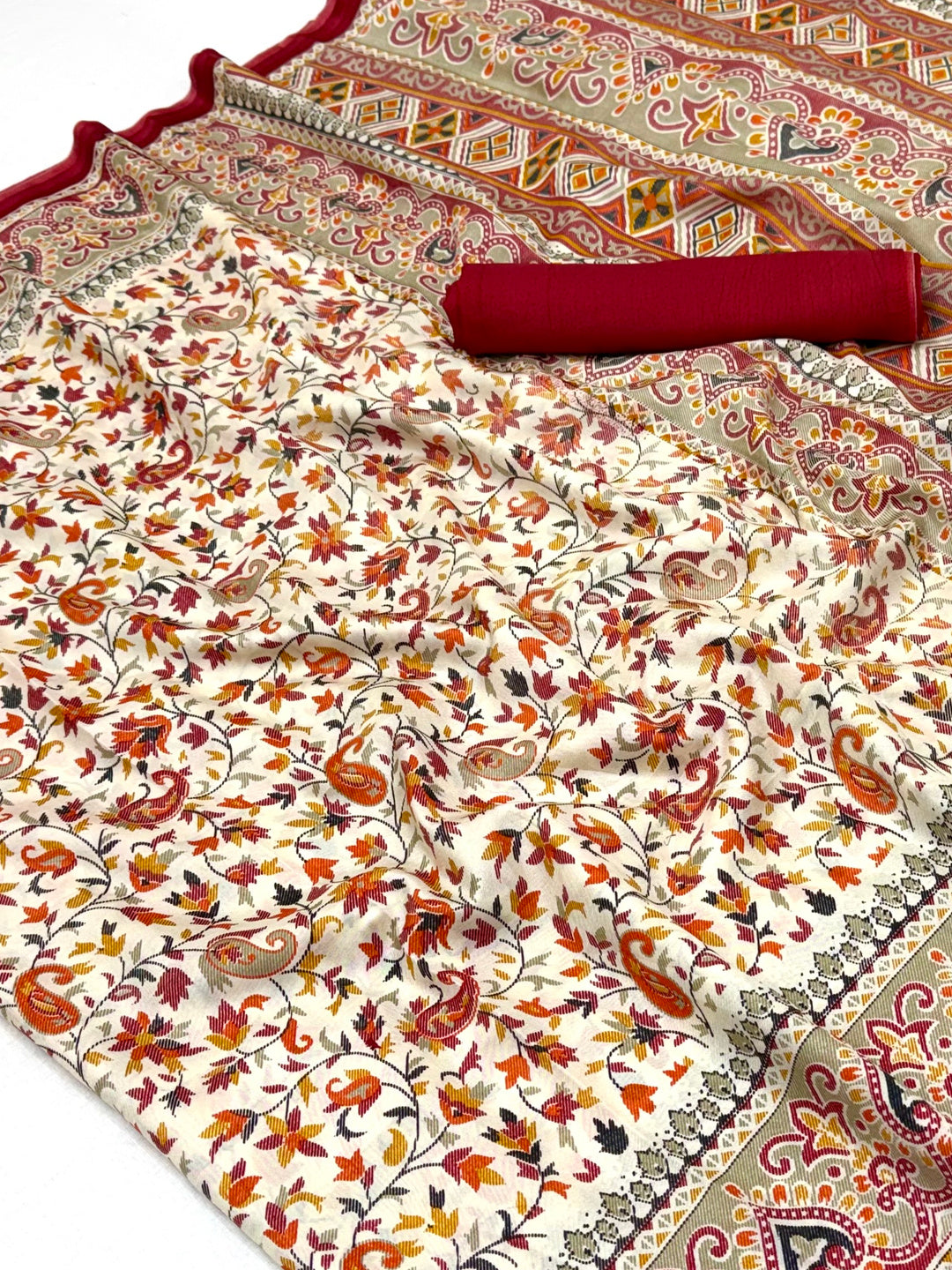 Peachmode Cream Maroon Art Silk Printed Saree - Image 6
