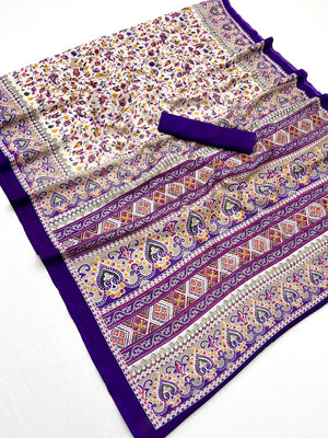 Peachmode Cream Purple Art Silk Printed Saree - Image 2