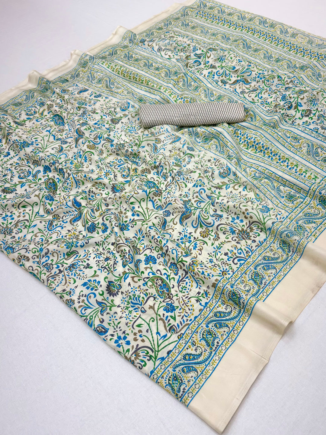 Peachmode Cream Blue Green Art Silk Printed Saree - Image 1