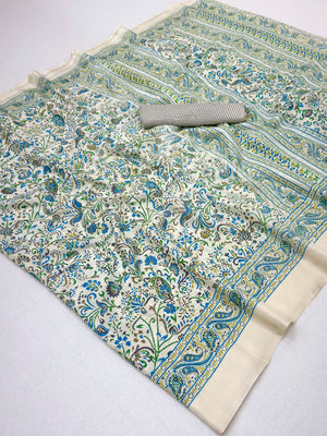 Peachmode Cream Blue Green Art Silk Printed Saree - Image 1