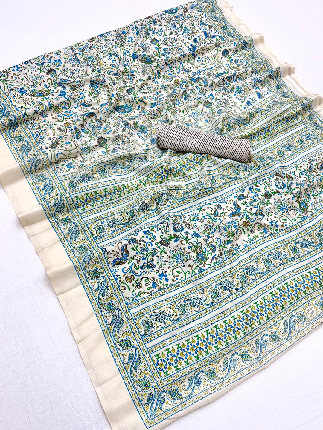Peachmode Cream Blue Green Art Silk Printed Saree - Image 2