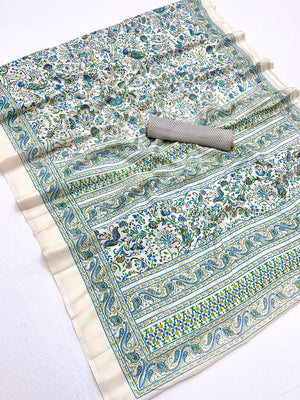 Peachmode Cream Blue Green Art Silk Printed Saree - Image 2