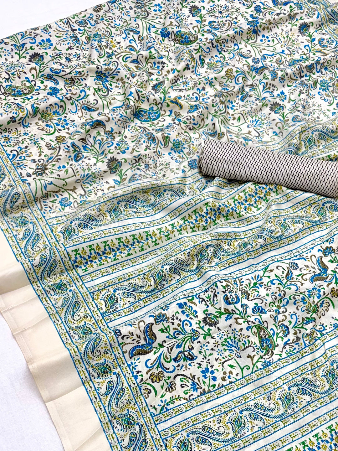 Peachmode Cream Blue Green Art Silk Printed Saree - Image 6