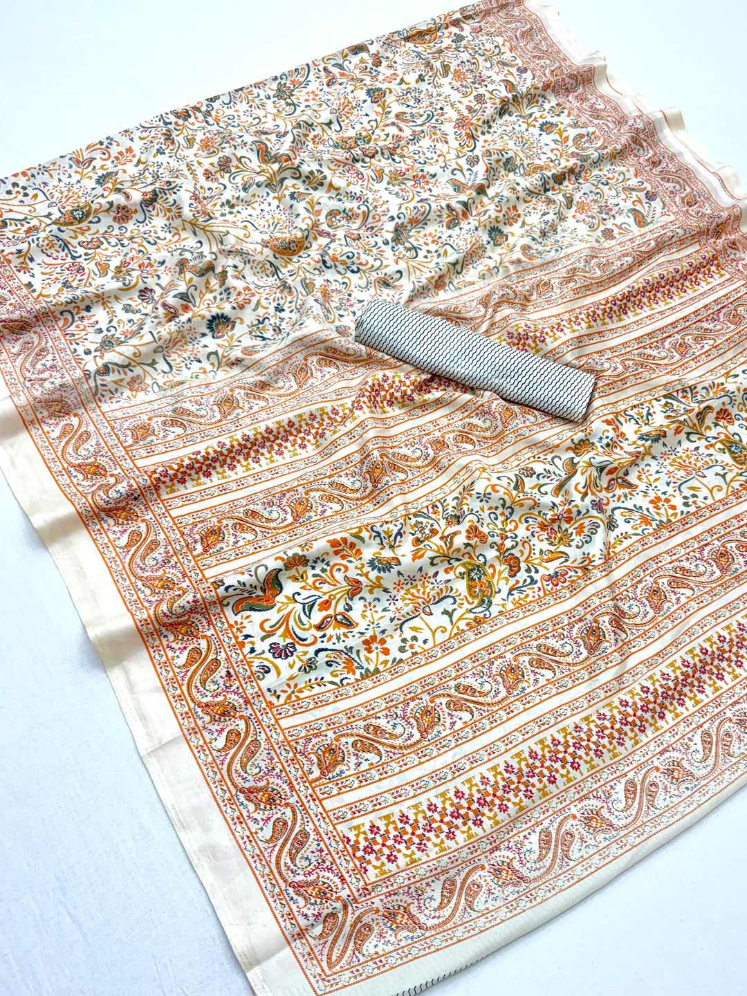 Peachmode Cream Orange Art Silk Printed Saree - Image 1