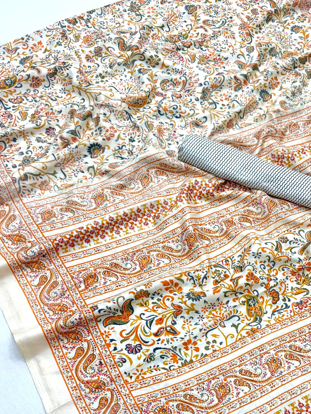Peachmode Cream Orange Art Silk Printed Saree - Image 6