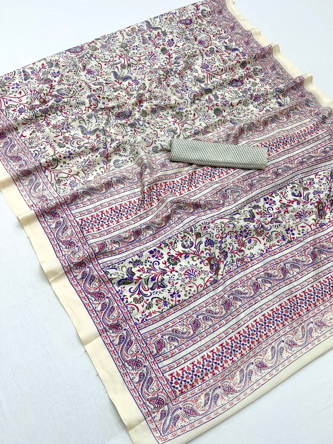 Peachmode Cream Purple Art Silk Printed Saree - Image 1
