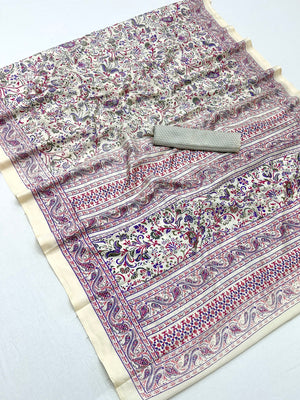 Peachmode Cream Purple Art Silk Printed Saree - Image 1