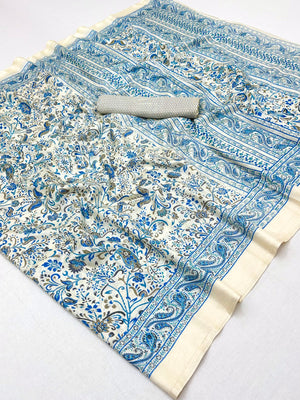 Peachmode Cream Blue Art Silk Printed Saree - Image 2