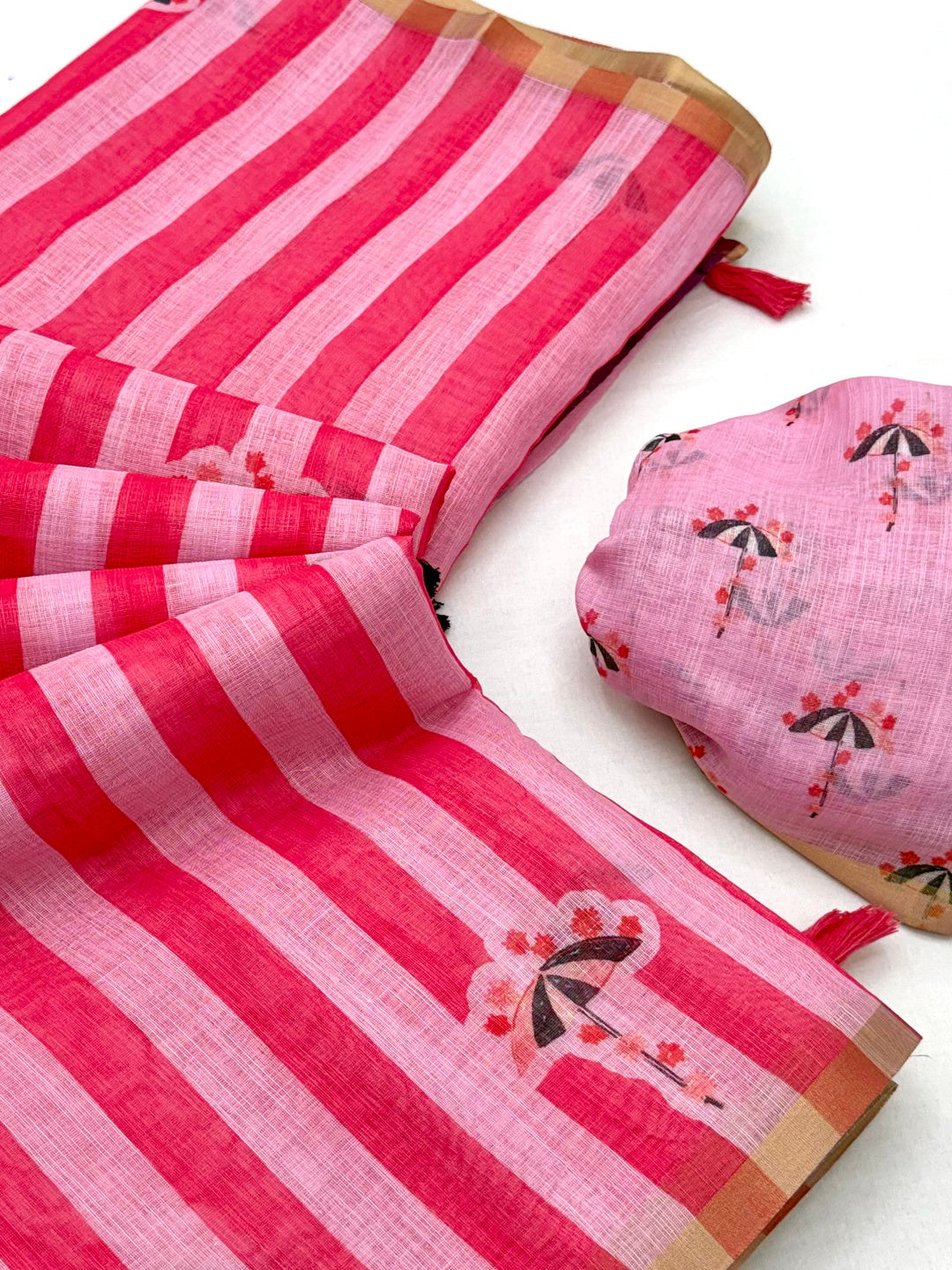 Peachmode Pink Linen Striped Saree - Image 6