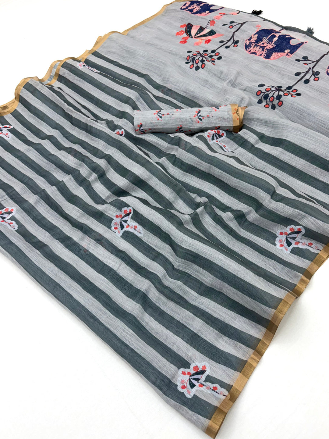 Peachmode Grey Linen Striped Saree - Image 1