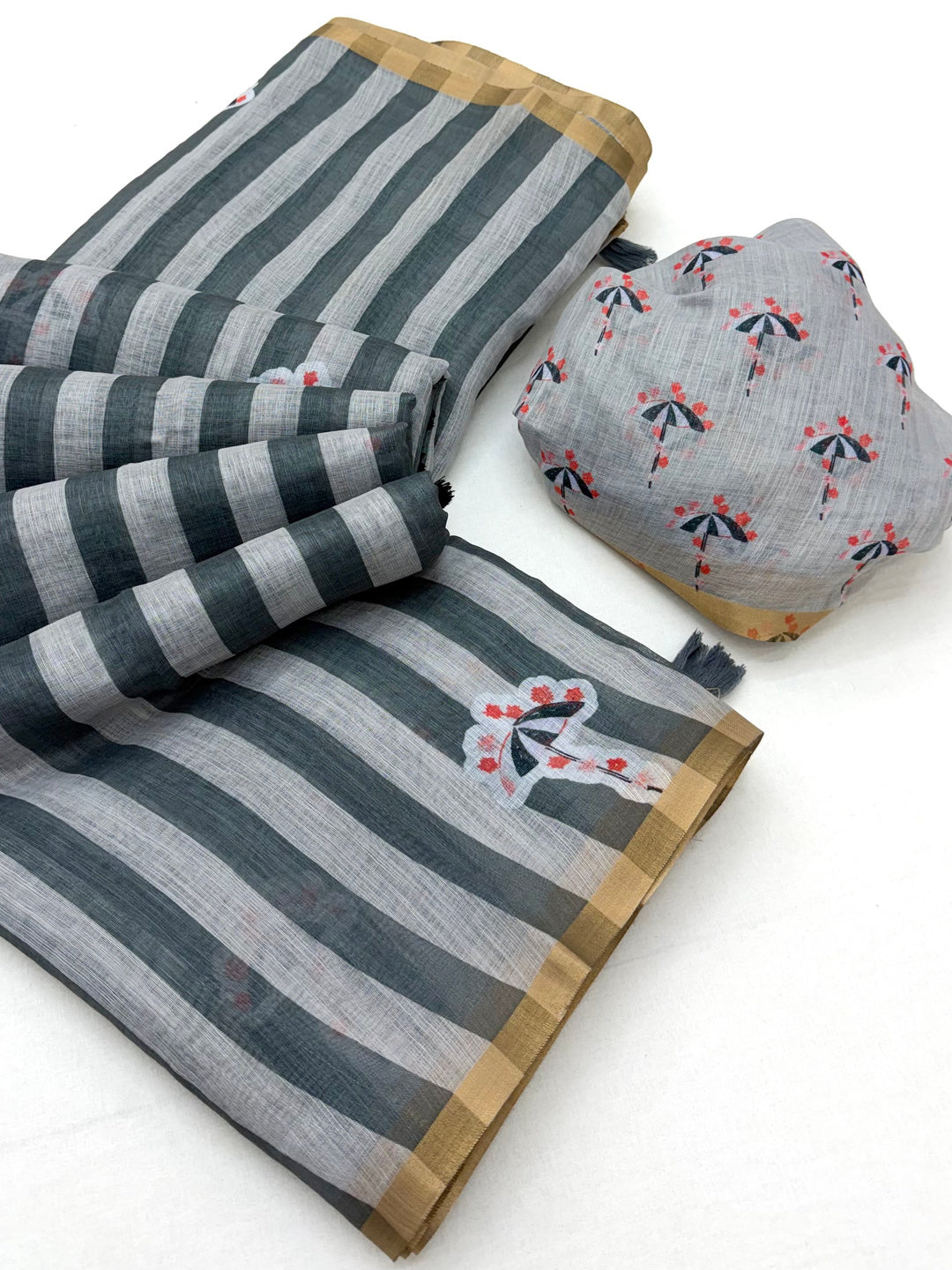 Peachmode Grey Linen Striped Saree - Image 2