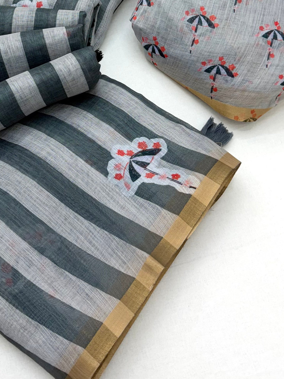 Peachmode Grey Linen Striped Saree - Image 4