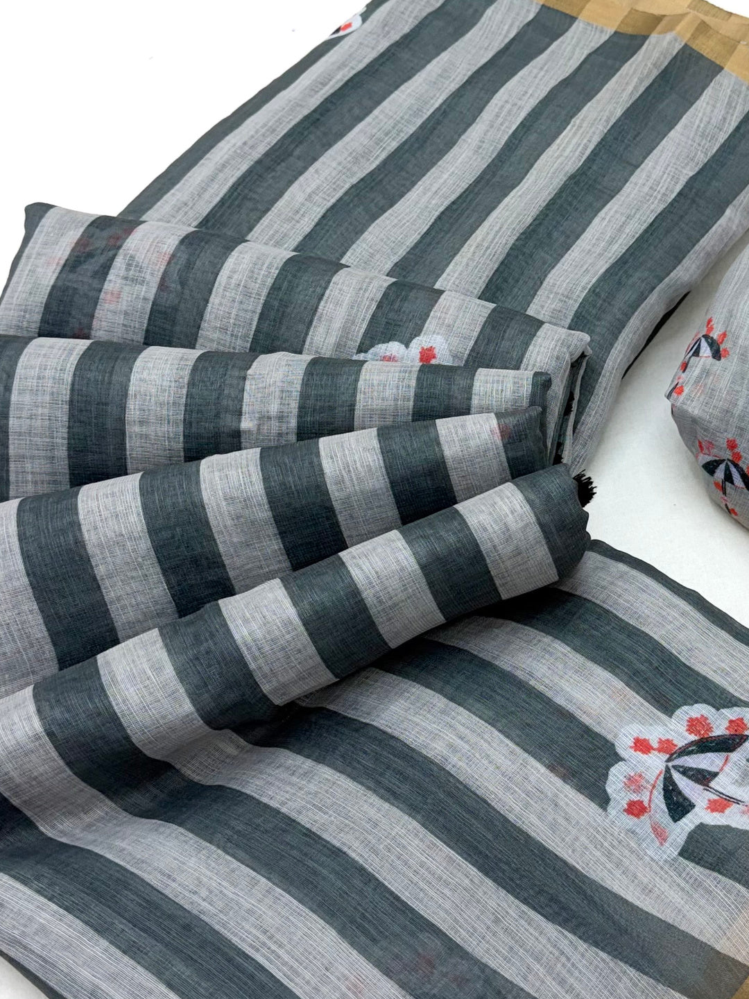 Peachmode Grey Linen Striped Saree - Image 6