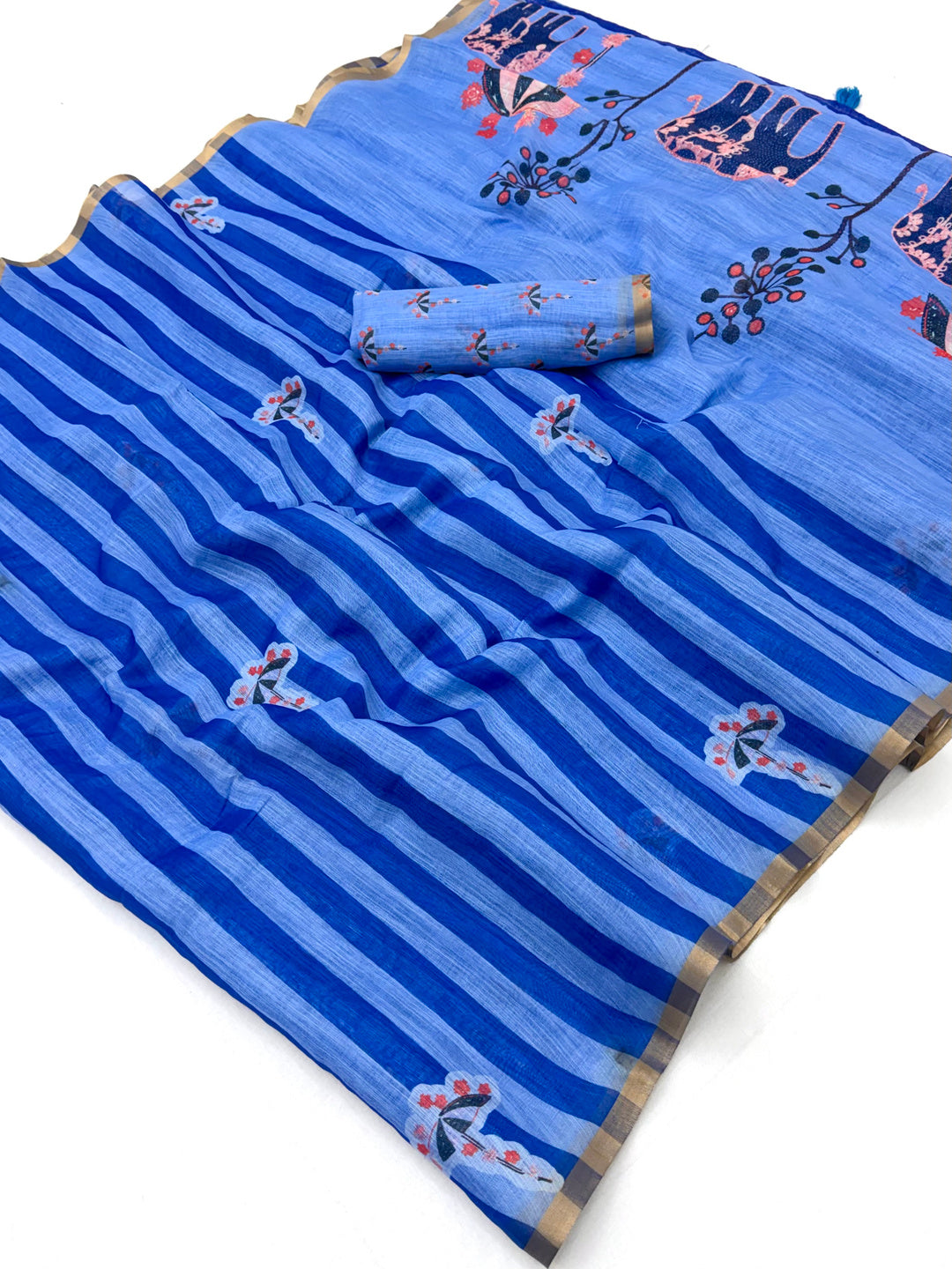 Peachmode Blue Linen Striped Saree - Image 1