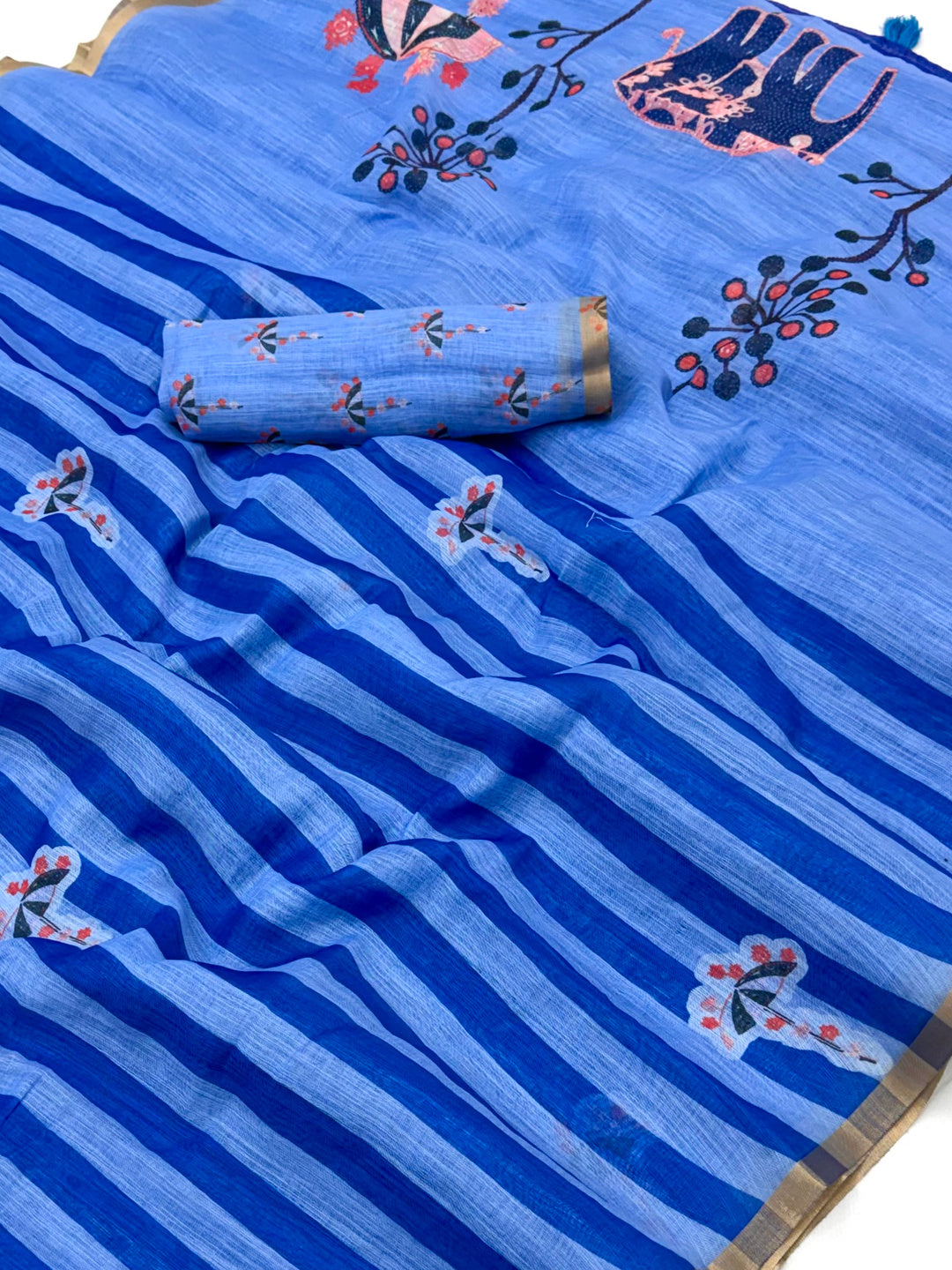 Peachmode Blue Linen Striped Saree - Image 3