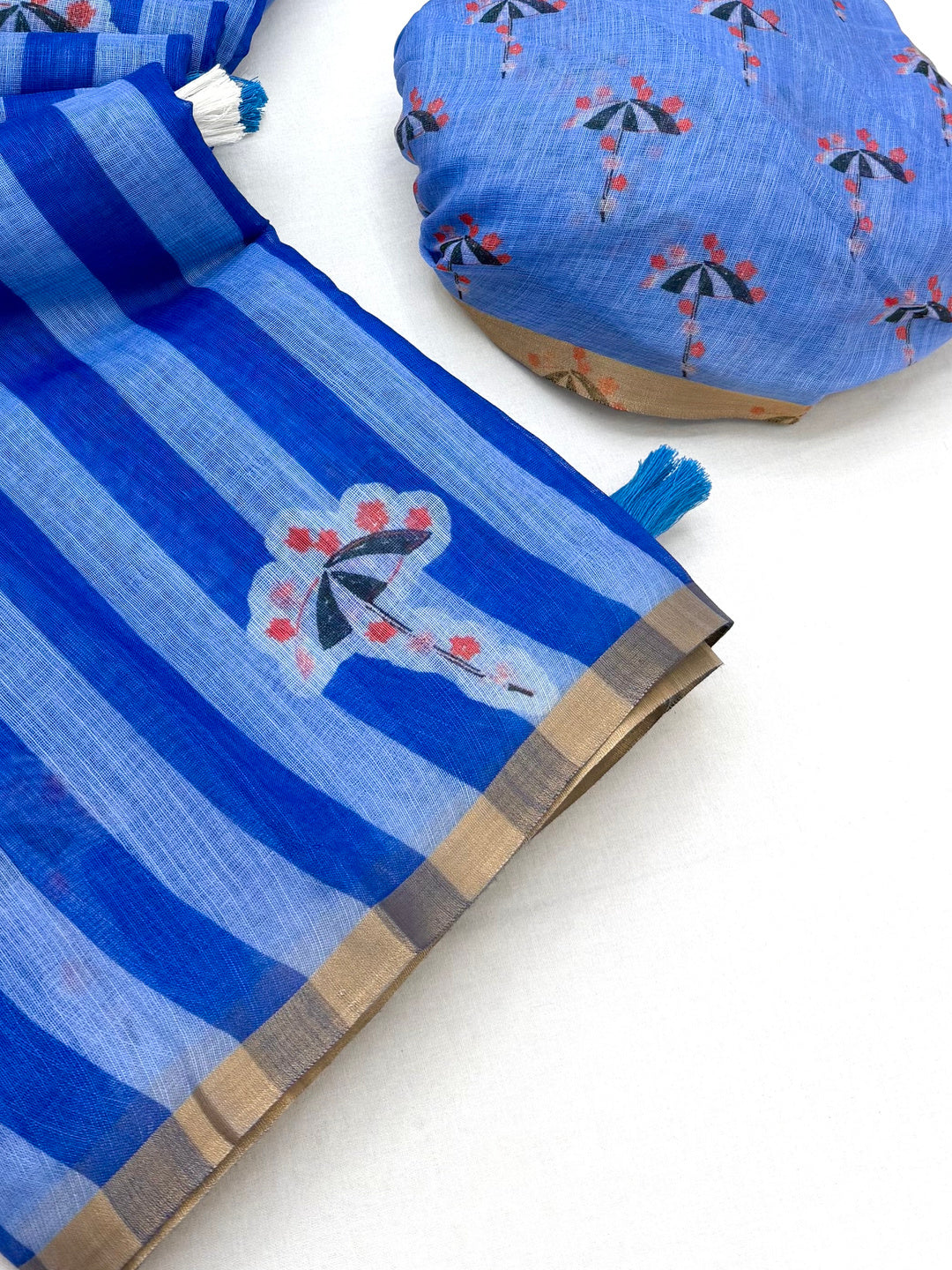 Peachmode Blue Linen Striped Saree - Image 4