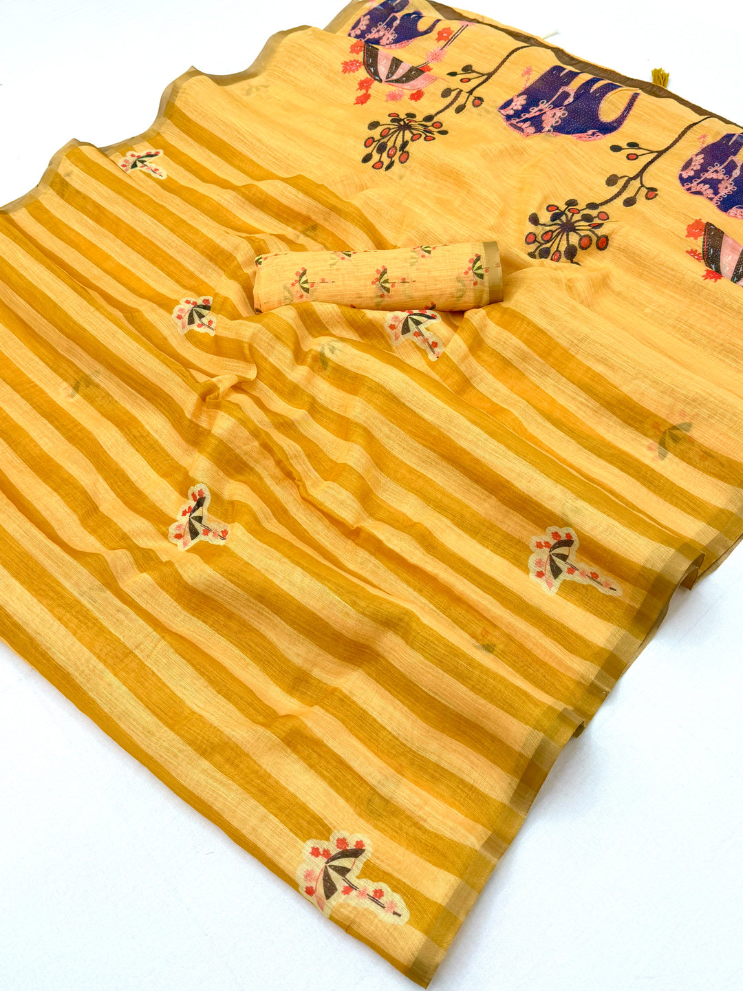 Peachmode Yellow Linen Striped Saree - Image 1