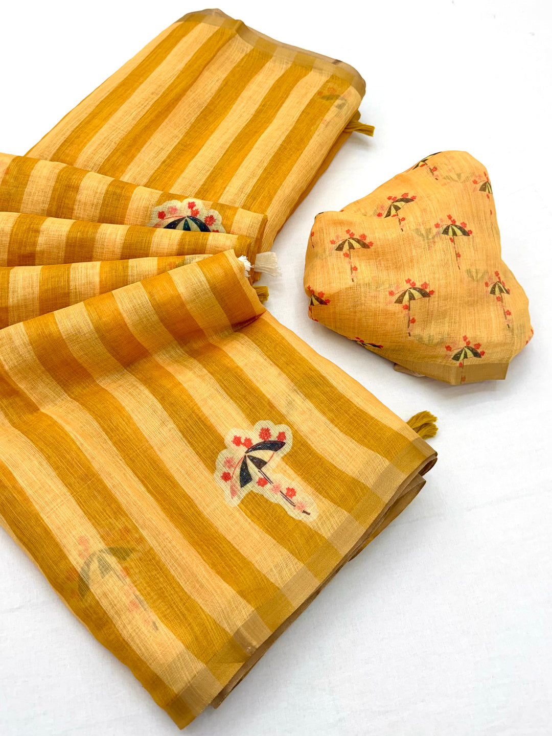 Peachmode Yellow Linen Striped Saree - Image 2