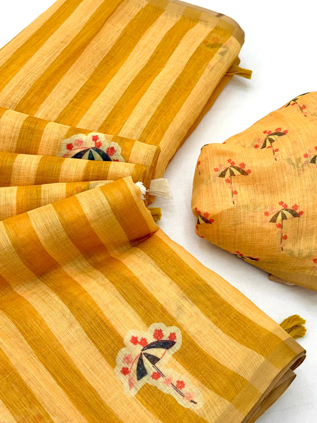 Peachmode Yellow Linen Striped Saree - Image 6
