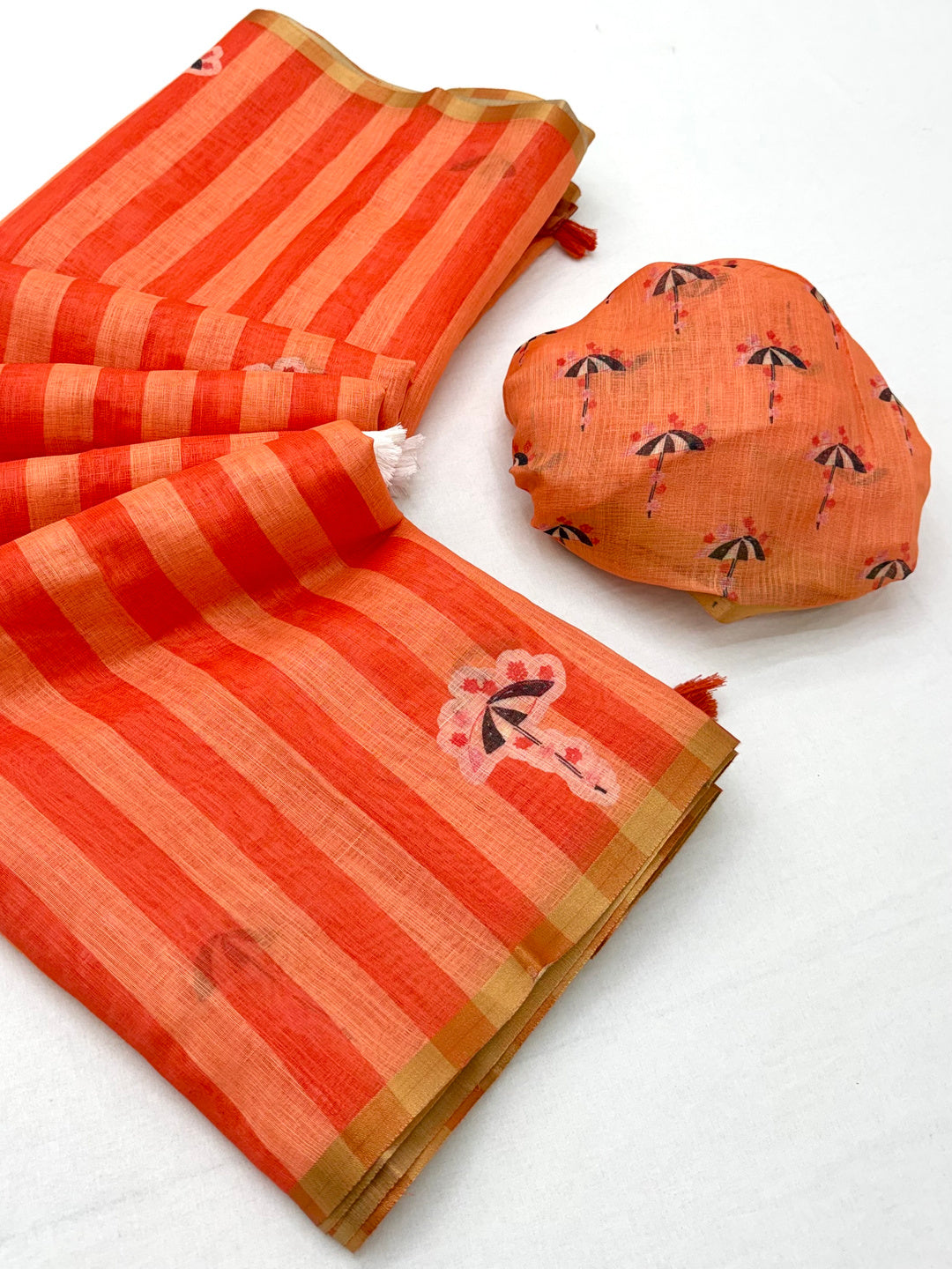 Peachmode Orange Linen Striped Saree - Image 2