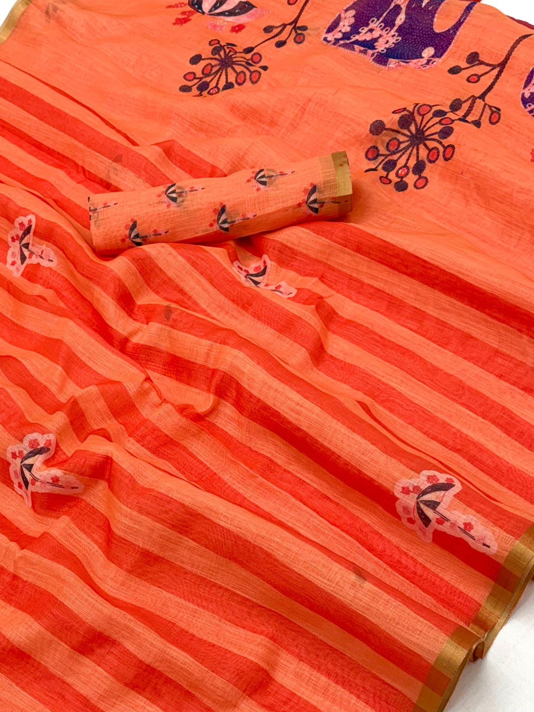 Peachmode Orange Linen Striped Saree - Image 3