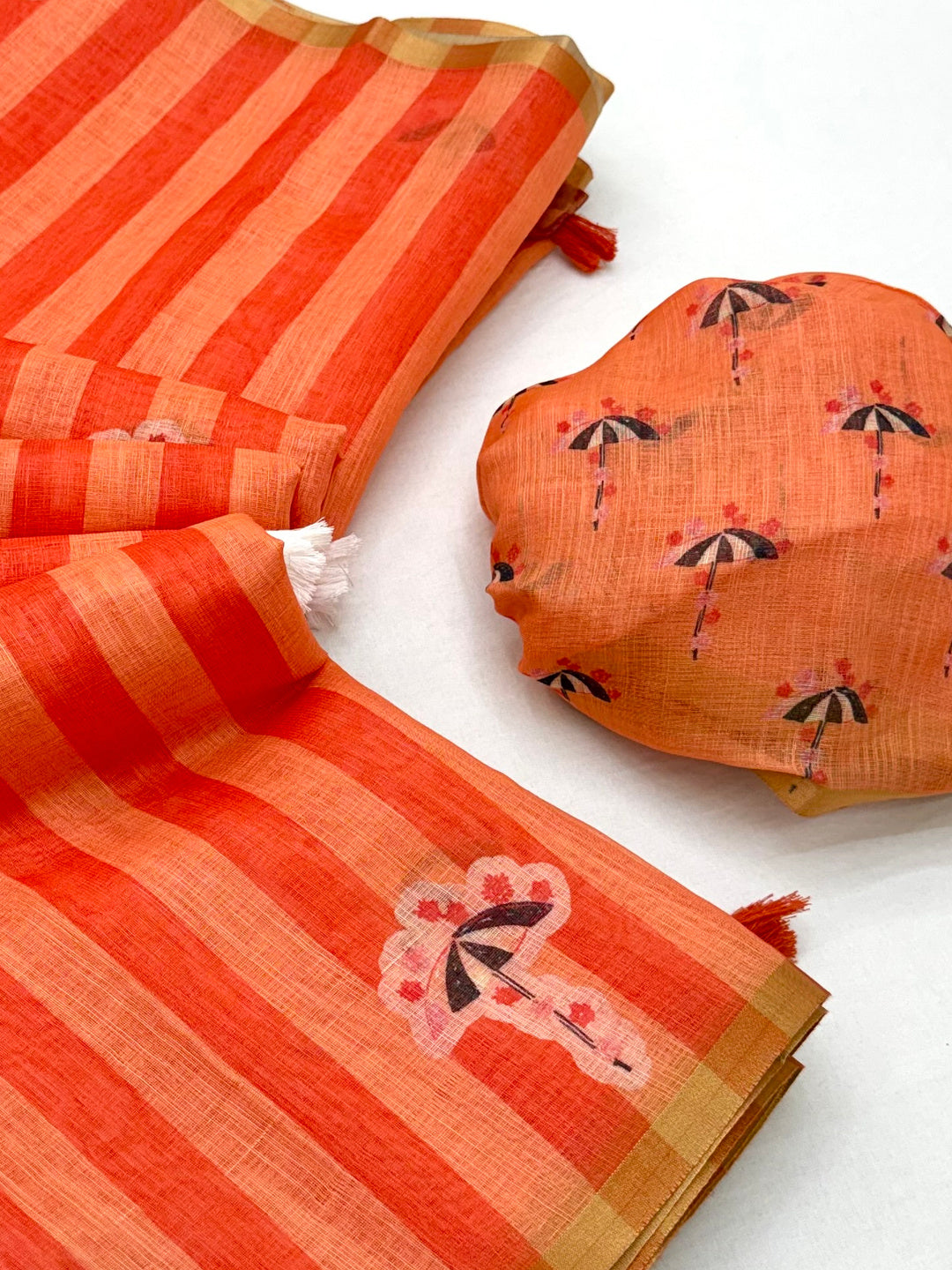 Peachmode Orange Linen Striped Saree - Image 6