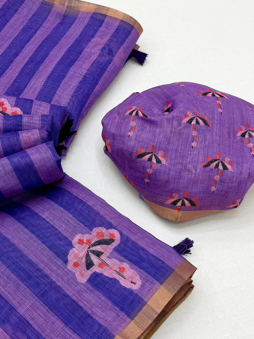 Peachmode Purple Linen Striped Saree - Image 6