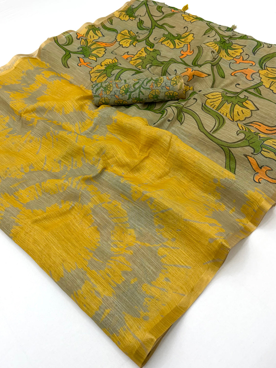 Peachmode Mustard Linen Tie-Dye Printed Saree - Image 1