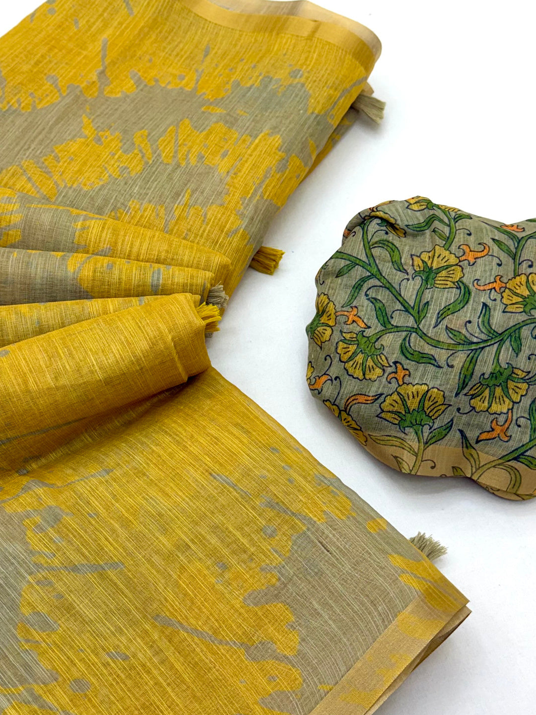 Peachmode Mustard Linen Tie-Dye Printed Saree - Image 6