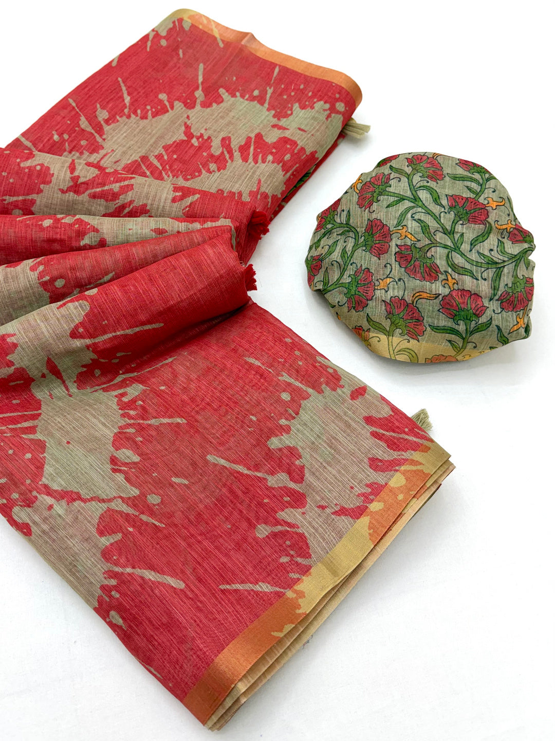 Peachmode Coral Linen Tie-Dye Printed Saree - Image 2