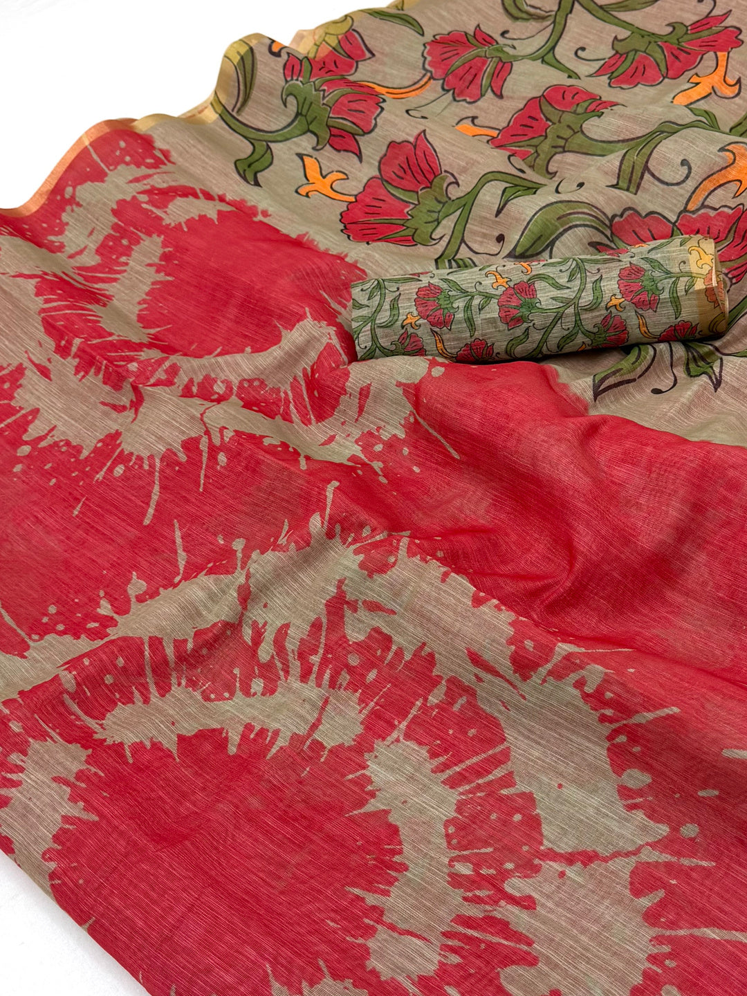 Peachmode Coral Linen Tie-Dye Printed Saree - Image 3