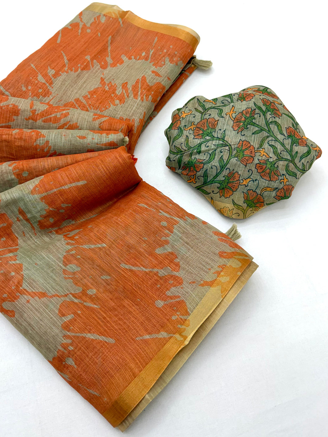 Peachmode Orange Linen Tie-Dye Printed Saree - Image 2